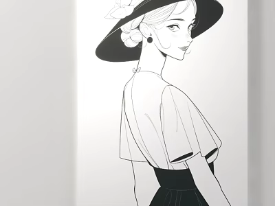 Portrait Illustration Of Elegant Female With Hat Hair Decoration And Side Profile Blouse Skirt 3d model