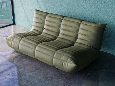 Modern Green Leather Two-Seater Sofa With Stitched Design Against Teal Wall And Large Window 3d model