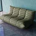 Modern Green Leather Two-Seater Sofa With Stitched Design Against Teal Wall And Large Window