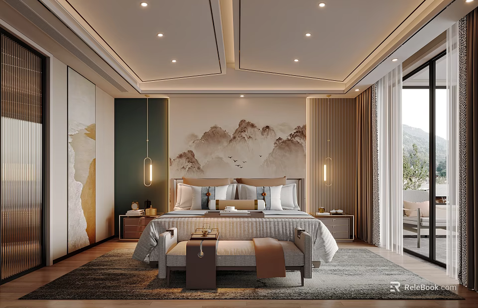 Elegant Bedroom Interior Design With Landscape Wall Art Pendant Lights And Plush Rug 3d model 