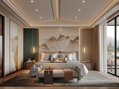 Elegant Bedroom Interior Design With Landscape Wall Art Pendant Lights And Plush Rug 3d model