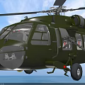 Green Military Helicopter Flying With Landing Gear Down Over Ocean Under Blue Sky