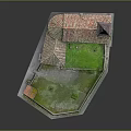 Historical Stone Building Model With Red Tiled Roof Tower Spire And Green Grass Courtyard