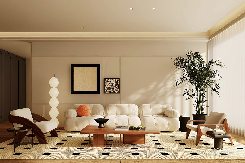 Modern Minimalist Living Room Interior With Beige Sofa Coffee Table And Large Plant 3d model 