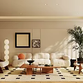 Modern Minimalist Living Room Interior With Beige Sofa Coffee Table And Large Plant