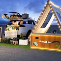 Cozy Glamping Setup With White Tent String Lights Vehicle Kiosk Green Plants And Evening Sky