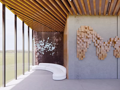 Modern Hotel Lobby Interior With Wooden Ceiling Large Glass Windows And Curved Sofa 3d model