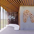 Modern Hotel Lobby Interior With Wooden Ceiling Large Glass Windows And Curved Sofa