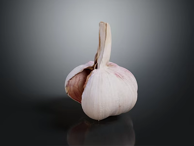 Fresh Partially Peeled Garlic Bulb on Dark Background with Reflection 3d model Fresh Partially Peeled Garlic Bulb on Dark Background with Reflection 3d model