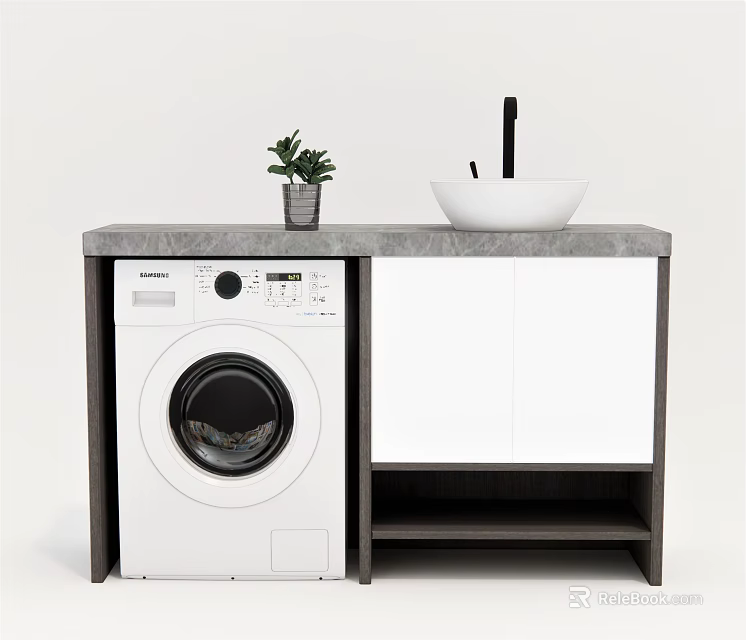 Modern Washbasin with White Cabinet Grey Countertop Washing Machine Black Faucet and Potted Plant 3d model 