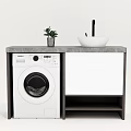 Modern Washbasin with White Cabinet Grey Countertop Washing Machine Black Faucet and Potted Plant