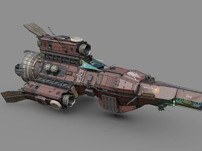 Sci Fi Spaceship 3D Model With Rusty Red Metallic Texture Engines And Antennas 3d model