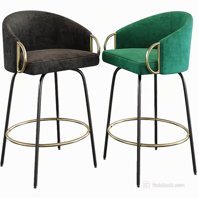 Chic Bar Stools Featuring Velvet Seats Gold Accents Black Legs 3d model 