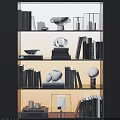 Decorative Ornament Combinations With Books Spherical And Bulb Ornaments Vases On Layered Glass Bookshelf