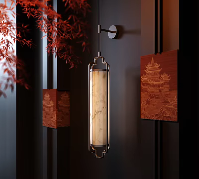Elegant Modern Wall Lamp With Wooden Texture And Carved Red Wood Panels In Interior 3d model