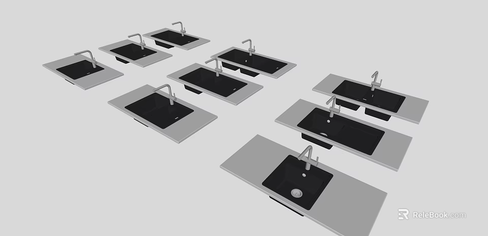 Various Kitchen Sinks With Faucets On Countertops Display Collection 3d model