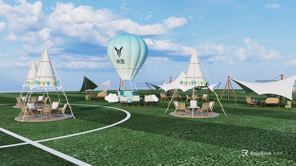 Scenic Campsite Featuring White Tipis Hot Air Balloon Outdoor Tables And Chairs On Green Grass 3d model 