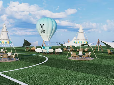Scenic Campsite Featuring White Tipis Hot Air Balloon Outdoor Tables And Chairs On Green Grass 3d model