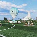 Scenic Campsite Featuring White Tipis Hot Air Balloon Outdoor Tables And Chairs On Green Grass