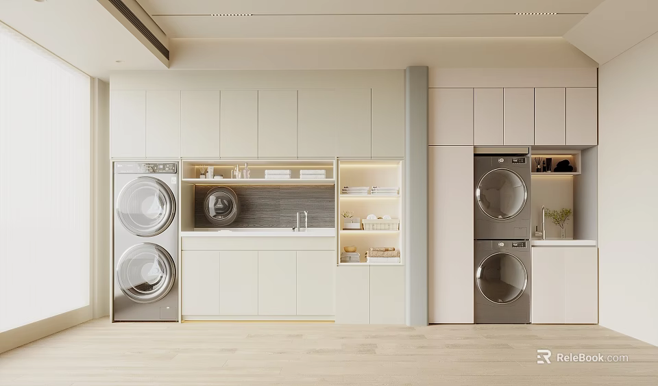 Modern Laundry Room Interior With White Cabinets Washing Machines Dryers And Storage Shelves 3d model 