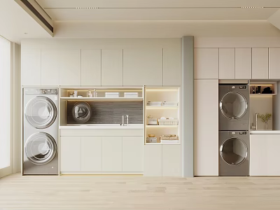 Modern Laundry Room Interior With White Cabinets Washing Machines Dryers And Storage Shelves 3d model