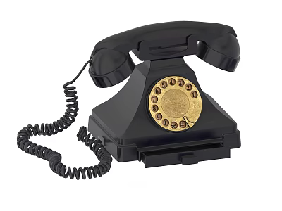 Vintage Black Rotary Dial Telephone with Gold Number Plate and Coiled Cord Design 3d model