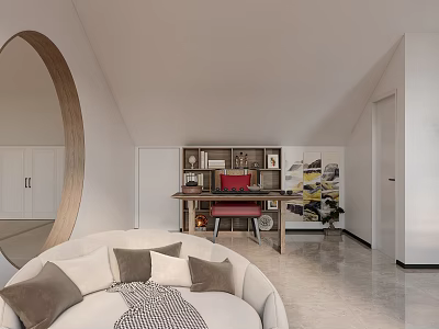 Modern Tea Room Interior With Round Mirror Wooden Table And Red Chair 3d model