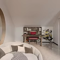 Modern Tea Room Interior With Round Mirror Wooden Table And Red Chair