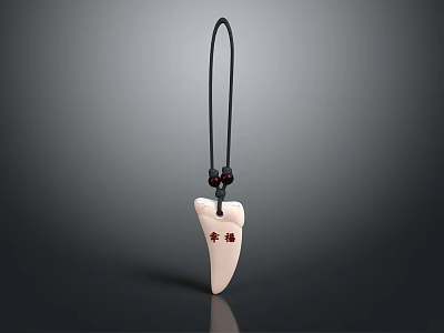 Tooth Shaped White Jewelry Pendant with Red Characters on Black Cord and Dark Beads 3d model