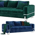 Velvet Upholstered Three-Seater Sofa In Green And Blue With Metal Legs And Decorative Cushions