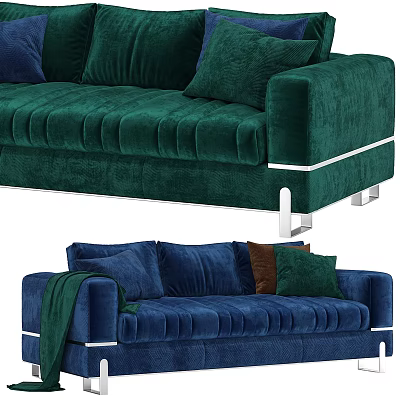 Velvet Upholstered Three-Seater Sofa In Green And Blue With Metal Legs And Decorative Cushions 3d model