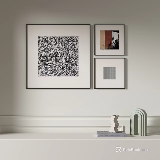 Black and White Abstract Painting With Wall Art Decorative Items And Books On Shelf 3d model 
