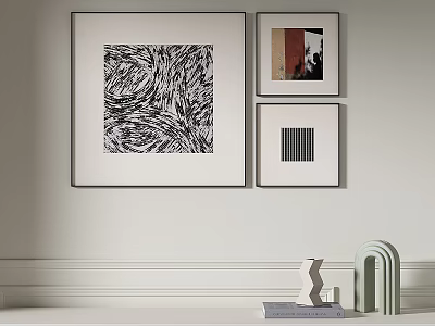 Black and White Abstract Painting With Wall Art Decorative Items And Books On Shelf 3d model