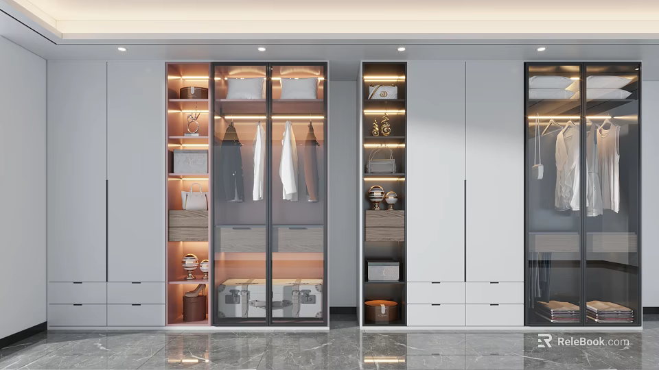 Modern Wardrobe Design With Glass Doors Interior Storage And Hanging Space 3d model 