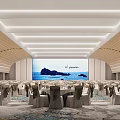 Elegant Banquet Hall With Arranged Tables Chairs Ceiling Lighting Wooden Decor And Large Sea View Screen