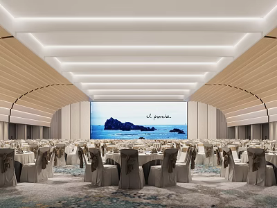 Elegant Banquet Hall With Arranged Tables Chairs Ceiling Lighting Wooden Decor And Large Sea View Screen 3d model