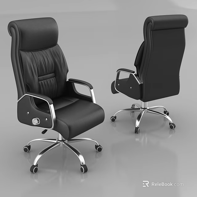 Black Leather Office Chair With High Back Metal Armrests And Swivel Base Casters 3d model 