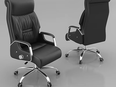 Black Leather Office Chair With High Back Metal Armrests And Swivel Base Casters 3d model