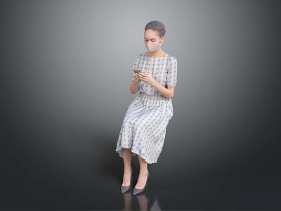 Woman In Plaid Dress And Heels Using Mobile Phone Against Grey Background 3d model