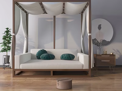 Modern Canopy Double Bed With White Mattress Green Cushions Wooden Floor And Round Wall Decor 3d model