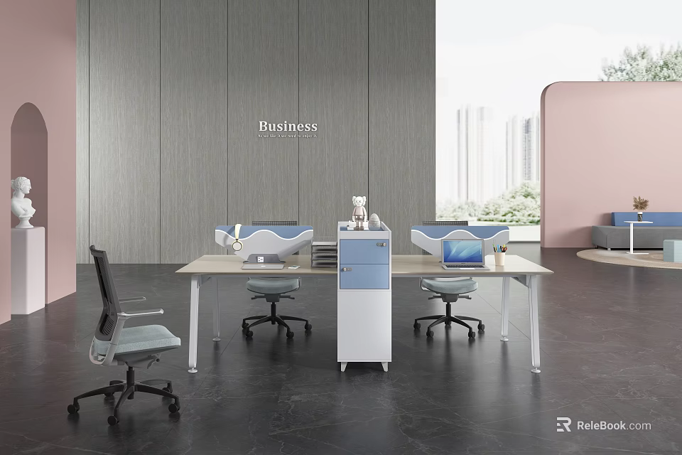 Modern Office Interior Design With Spacious Desk Ergonomic Chairs And City View Windows 3d model 