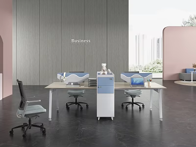 Modern Office Interior Design With Spacious Desk Ergonomic Chairs And City View Windows 3d model