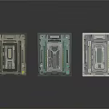 Three Different Colored Tech Components With Futuristic Mechanical Panels And Digital Screens