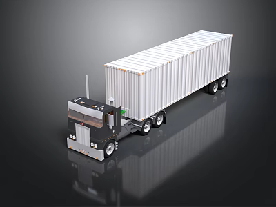 Black Cab Semi Truck With White Container Trailer On Reflective Surface 3d model