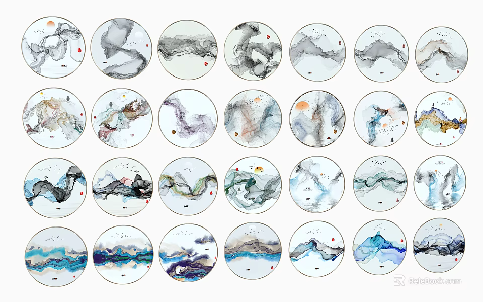 Round Frame Paintings With Chinese Ink Landscape And Cloud Patterns 3d model