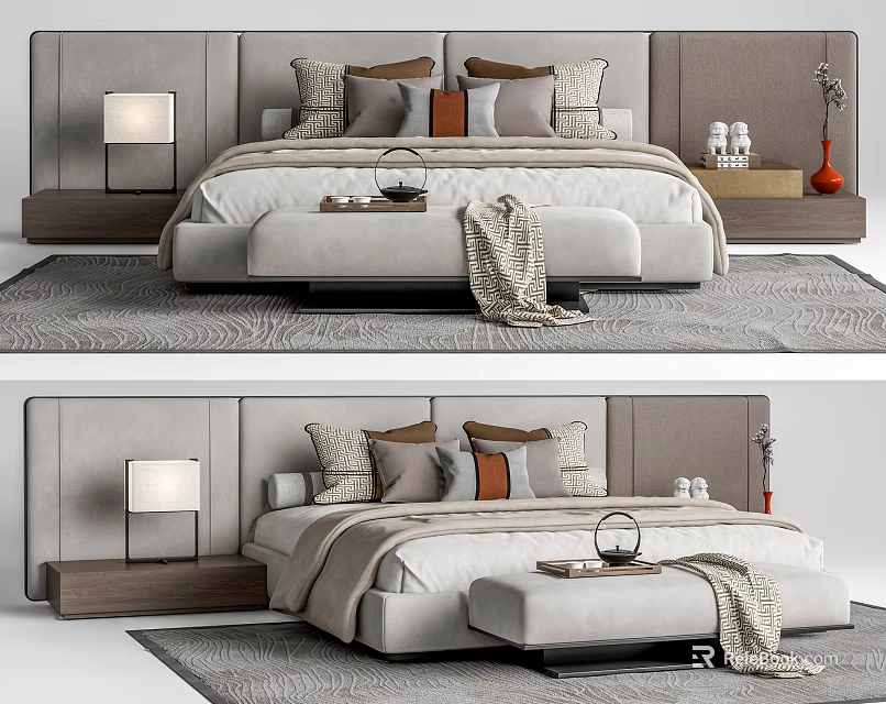 Modern Double Bed With Upholstered Headboard Decorative Pillows And Bed Bench 3d model 