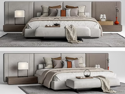Modern Double Bed With Upholstered Headboard Decorative Pillows And Bed Bench 3d model