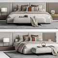 Modern Double Bed With Upholstered Headboard Decorative Pillows And Bed Bench 3d model