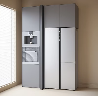 Modern Double Door Refrigerator Freezer With Built In Water Dispenser And Gray Cabinets In Kitchen 3d model