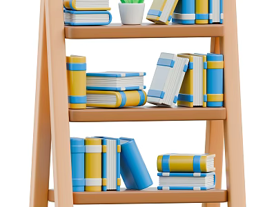 Wooden Ladder Shelf Display With Blue Yellow Books And Small Potted Plant 3d model